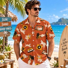 Cat Print Shirt Unisex Vintage Vinyl Hawaiian Beach Summer Vacation#2 picture