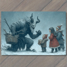POSTCARD Krampus Snow Children Gifts Winter Monster Christmas Myth Holiday Card picture