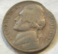 1947 jefferson nickel five cent coin clipped planchet error ,About Uncirculated picture