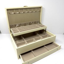 NEW Vintage Mele 3 Tier Jewelry Box Beige Faux Leather Taupe Velvet Interior USA picture