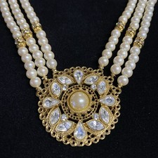 1928 Stunning Rhinestone 3 Strand Faux Pearl Necklace Adjustable Jewelry picture