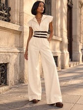VTG 60 70s Ivory Brown Stripe Wide Leg Jumpsuit Zip Front Knit Waist S Retro Mod picture