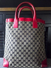 AUTHENTIC Gucci GG Beige Canvas Tote Bag with Red Leather Trim picture