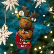 VTG Carlton Cards Heirloom Collection Reindeer Ornament Deck Halls Holiday 1990 picture