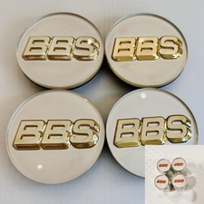 4pc 3D Gold White BBS 70mm Center Caps 56.24.120 & 4pc Chrome Valve Caps picture