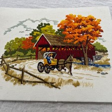 Vintage Sunset Designs Crewel Embroidery 16x20 Fall Trees Covered Bridge Haitian picture