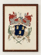 Antique 19th Century Arey Family Coat of Arms Heraldic Crest Watercolor Painting picture