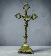 Antique 18thC French Brass Standing Altar Table Crucifix Memento Mori Skull 8