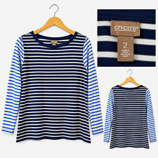 Chico's Blue White Striped Round Neck Long Sleeve Pullover Top Womens 2 picture