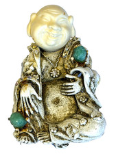 HAR Laughing BUDDHA BROOCH-50's VTG 3D Asian Figure Pin Faux Jade Scarabs Signed picture