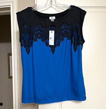W by Worth Women’s Blue/Black Colorblock Lace Round Neck Tank Top Petite PL picture
