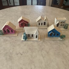 6 Vintage Japan Putz Cardboard Houses Village Mica Glitter Sponge Trees Lot picture