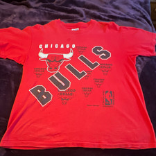 Vintage 90s Chicago Bulls Hanes TShirt Large Red Multi Logo Graphic Pinhole Flaw picture