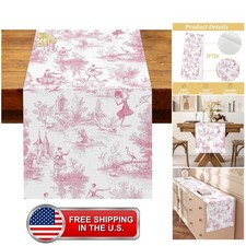 Vintage French Village Toile Table Runner Pink and White Country Print Toile ... picture