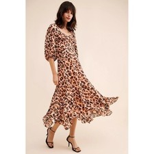 Anthropologie HUTCH Twist Puff Midi Dress Animal Leopard Print Smocked Medium picture