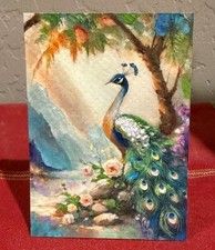 ACEO Peacock Fanned Feathers Original Oil Painting Multimedia Paper 3.5x2.5 OOAK picture
