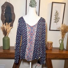 Lucky Brand Boho Paisley Print Long Sleeve Blouse Peasant Top Medium picture