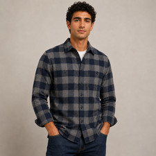 J.Crew Classic Mid-Weight Flannel Men's Shirt Navy Gray Brushed Cotton L picture
