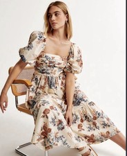 Abercrombie Fitch Midi Dress Beige Emerson Poplin Floral Puff Sleeve Boho Large picture