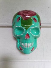 Hand Painted  Plaster Skull Teal Blue Flowers Roses  by Artist Jayne picture