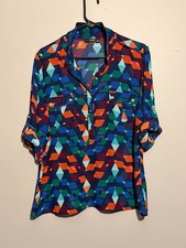 a.n.a. A New Approach XL Geometric Print Blouse Roll Tab Sleeve Colorful Tunic picture