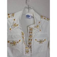 DG2 Diane Gilman Women White Rhinestone Embellished Western Button Down Shirt S picture