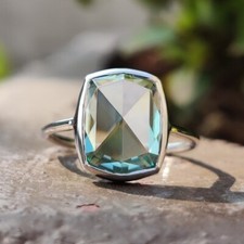 1.5CT Long Cushion Rose Cut Blue Moissanite Bezel Engagement Ring 925 Silver picture