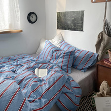 Mixinni Vintage Striped Blue Duvet Cover Queen 100% Cotton Red Stripes Set picture