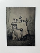 1892 Antique Tintype Photo 2 Women Victorian Costumes Dated Identified 1/6 Plate picture