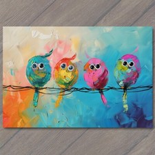 Art Print Birds On A Wire Cute Big Eyes Acrylic Painting Cartoon Style Colorful picture