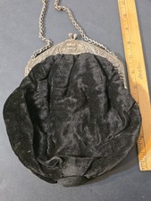 Antique Victorian  Black Velvet Evening Handbag Ornate Ship Frame Read picture