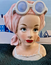 VINTAGE RARE RELPO K1863 GIRL WITH SUNGLASSES AND PINK SCARF HEAD VASE 5” picture