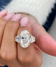 6Ct Oval-Cut EF/VS Lab Grown Diamond Three Stone Engagement Ring 14k Yellow Gold picture
