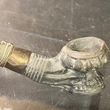 Antique Long Stem Metal Smoking Pipe Figural Bowl Decorative Banding 15.5 Inch picture