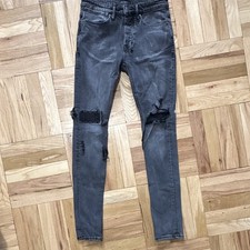 Ksubi Men’s Gray Skinny Fit Jeans Dark Wash Distressed Stretch Logo 5-Pocket picture