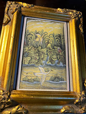 Vintage Signed Balinese Painting on Paper Traditional Ubud Style Herons Frame picture