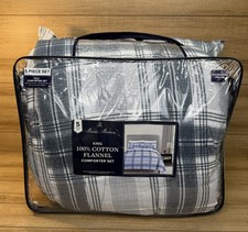 Brooks Brothers King 5-Pc Cotton Flannel Comforter Set Blue Gray White Plaid NIP picture