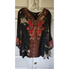 Calessa Embroidered Tie-Dye Boho Blouse – Floral Peasant Tunic Top Size XL picture