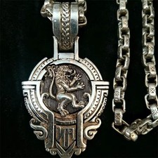 Ornate Tibetan Silver Lion Medallion 2-Sides w/ Heavy Chain Necklace picture