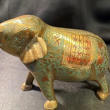 Vintage Etched Brass Elephant Figurine Enamel Inlay Trunk Up 6.5 Inch Decor picture