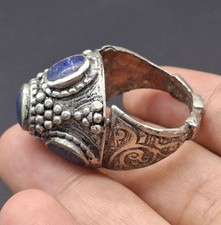 Beautiful Authentic Islamic Lapis Lazuli Ornate Bezel Silver Alloy Tribal Ring picture
