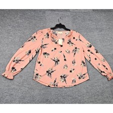 NWT Melloday Womens Peach Pink Floral Ruffle V-Neck Long Sleeve Blouse M picture