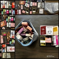 Assorted 40 Pc Sample & Travel Beauty Lot: Fragrance Makeup Skincare Zipper Bag picture