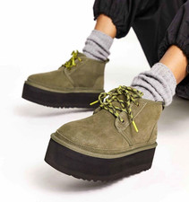 UGG Neumel Platform Women’s Chukka Boots Suede Lace-Up Lined Green 7 picture