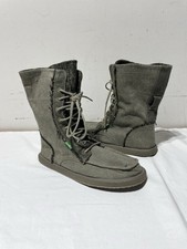 Sanuk Moccasin Boots Womens 7 Olive Green Canvas Lace Up Tall Boho Rare 2013 picture