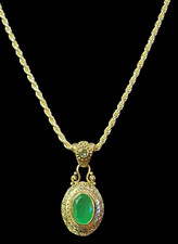 Vintage Sarda 925 Sterling Silver Green Chalcedony Stone Filigree Oval Pendant picture