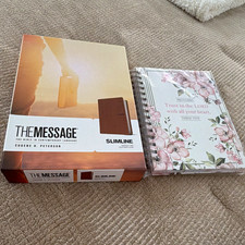 Message Bible (Tan color)  by Eugene H. Peterson and journal gift set— picture