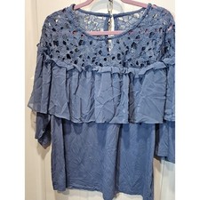 Lane Bryant Dusty Blue Crochet Yoke Ruffle Top picture