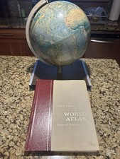 VTG 1968 Rand McNally Cold War Era World Globe /Wood Storage Base & World Atlas picture
