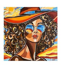 Sunny Day Woman Sunglasses Big Hat Curly Hair VLP Original Acrylic 12x12” Canvas picture
